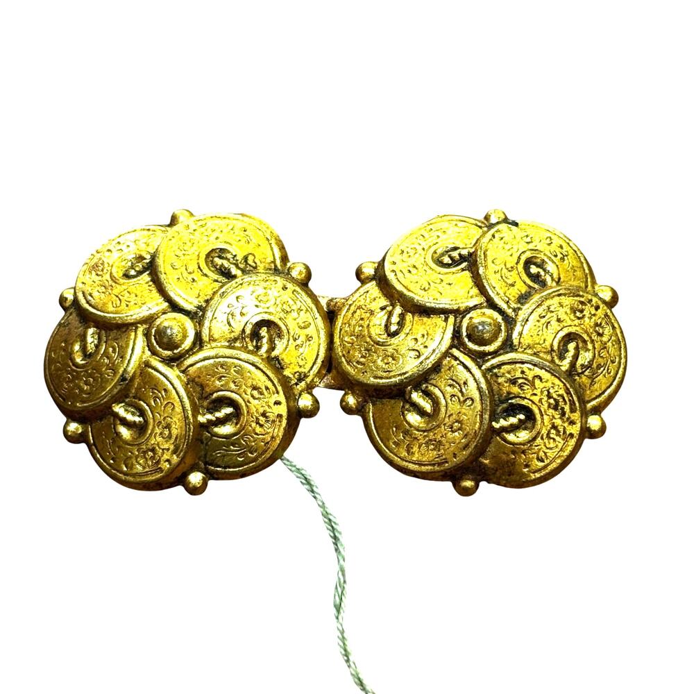 Vintage goldtone French duette style belt clips buckle textured round metallic